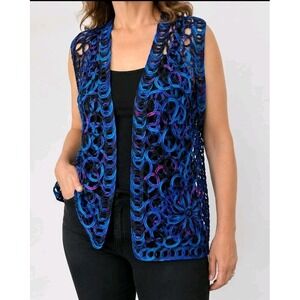 Unbranded Open Front Vest Blue Purple Black Soutache Crochet Lagenlook